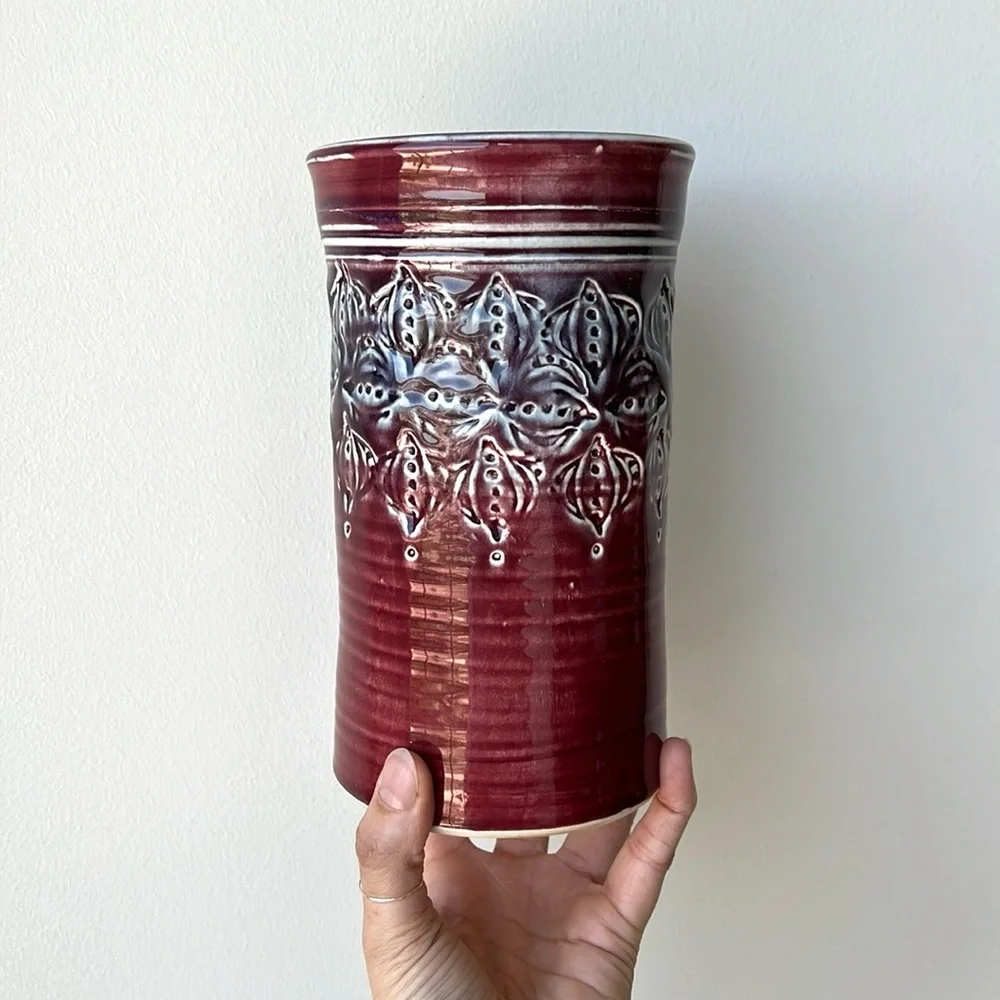 Vintage Handmade Carved Pottery Vase Decor - Picture 1 of 13